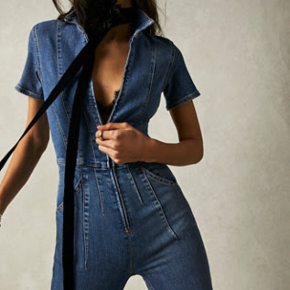 Free People Jayde Flare Denim Jumpsuit, Size XL